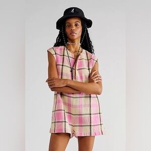 Free People Market Towel Poncho Romper in Plaid Pink Chocolate Combo Sz L